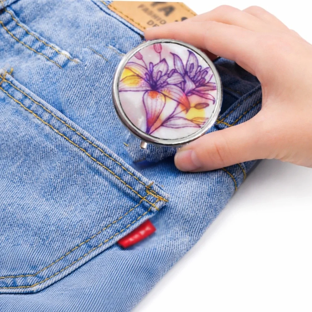 Purple Pink Lily Floral Pill Box 3 Compartment Travel Organizer